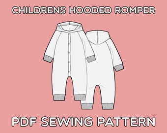 Children's Hooded Romper PDF Sewing Pattern Sizes 0-3M / 3-6M / 6-9M / 9-12M / 12-18M / 18-24M / T2 / T3 / T4 / T5 / T6 / T7