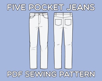 Straight Leg 5 Pocket Jeans PDF Sewing Pattern Sizes 28 / 29 / 30 / 31 / 32 / 33 / 34 / 36