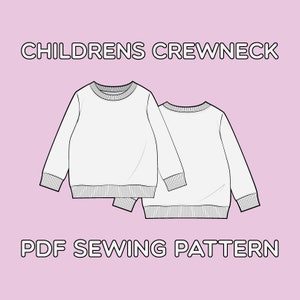 May include: A line drawing of a children's crewneck sweatshirt sewing pattern. The pattern includes front and back views of the sweatshirt.