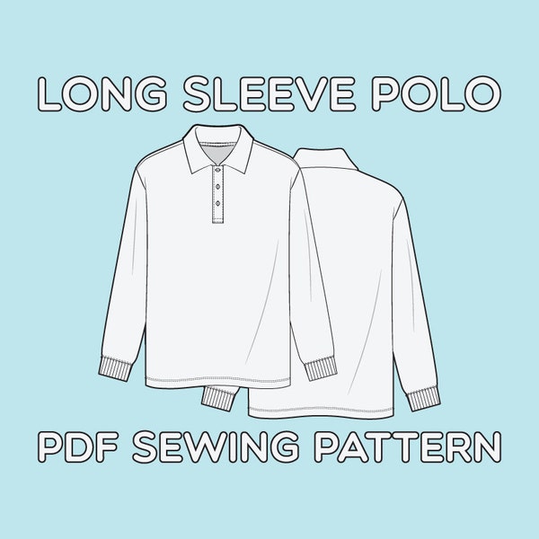 Long Sleeve Polo Tee Shirt PDF Sewing Pattern Sizes XS / S / M / L / XL