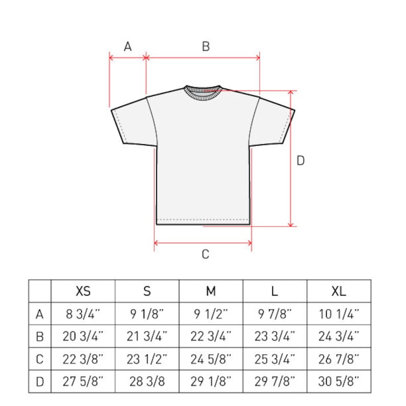 Op de afbeelding: Een maattabel voor een T-shirt met maten in inches voor de hals, borst, lengte en mouw. De maten zijn XS, S, M, L en XL.