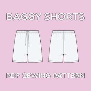 Puede incluir: Una ilustración digital de un pantalón corto blanco holgado con cordón. La imagen está sobre un fondo rosa e incluye el texto "BAGGY SHORTS" y "PDF SEWING PATTERN".
