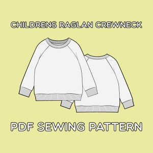 Könnte beinhalten: Ein Schnittmuster für einen Raglan-Pullover mit Rundhalsausschnitt für Kinder. Das Schnittmuster enthält Anweisungen zum Nähen des Pullovers sowie eine Vorlage zum Zuschneiden des Stoffes.