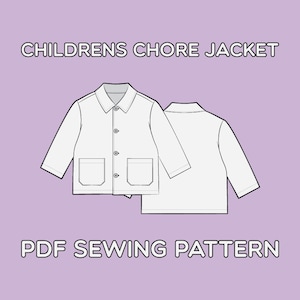 以下が含まれることがあります： 白い子供用作業着の縫製パターン。パターンには、ジャケットの正面と背面のビューが含まれています。画像には、「CHILDREN'S CHORE JACKET」と「PDF SEWING PATTERN」のテキストが含まれています。