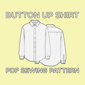 Könnte beinhalten: Eine Strichzeichnung eines Schnittmusters für ein Hemd mit Knöpfen. Das Schnittmuster wird in Vorder- und Rückansicht gezeigt. Der Text "BUTTON UP SHIRT" und "PDF SEWING PATTERN" ist im Bild enthalten.