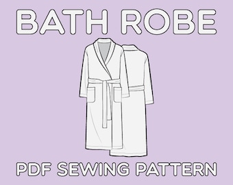 May include: A line drawing of a white bath robe with a belt and pockets, shown from the front and back. The text "BATH ROBE" is above the robe, and "PDF SEWING PATTERN" is below it, all in a white, outlined font on a lavender background.
