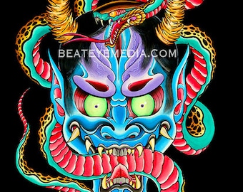 Aaron Coleman, TATTOO, sticker, MONSTER, MONSTERS, demon, stripkunst, strip, slang, kwaad, Horror, hannya, maskers, maskers, Japans, illustratie, duivel, ed hardy