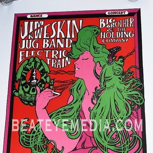 May include: A vintage concert poster advertising a performance by Jim Kweskin Jug Band and Big Brother and the Holding Company. The poster features a woman with green hair and a red background. The text on the poster reads "Jim Kweskin Jug Band Electric Train" and "Big Brother & The Holding Company". The poster also includes the dates "October 7" and "October 8" and the location "Avalon Ballroom, San Francisco".