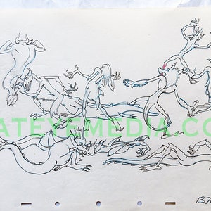 Puede incluir: Dibujo en blanco y negro de varias criaturas fantásticas con extremidades y colas largas. Las criaturas están en varias poses, algunas parecen estar luchando o corriendo. El dibujo está sobre un fondo blanco y tiene el número 137A en la esquina inferior derecha.