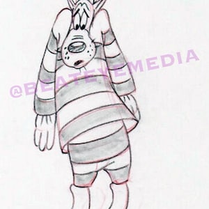 Puede incluir: Un boceto a lápiz de un perro de dibujos animados con orejas largas y expresión triste, que viste una camisa y pantalones a rayas. El personaje tiene un hocico redondeado, ojos pequeños y una postura encorvada. El texto @BEATEYEMEDIA está superpuesto.