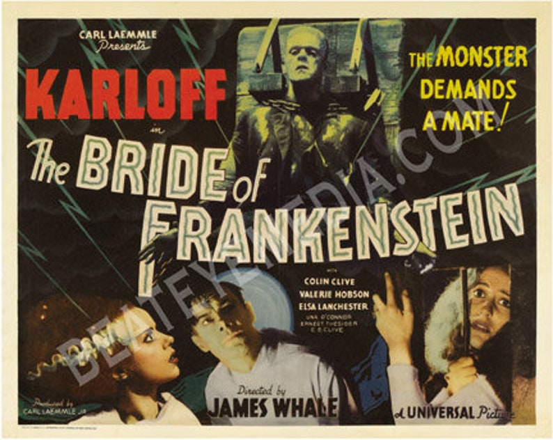 Puede incluir: Un cartel de pel&iacute;cula vintage para la pel&iacute;cula "La novia de Frankenstein" protagonizada por Boris Karloff. El cartel presenta una imagen en blanco y negro del monstruo de la pel&iacute;cula, con el texto "&iexcl;El monstruo exige una compa&ntilde;era!" en letras blancas sobre un fondo negro.