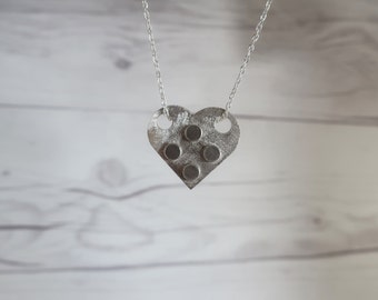 Sterling silver construction brick necklace -  Heart shape block pendant - heart jewelry - Silver heart pendant - Heart pendant necklace