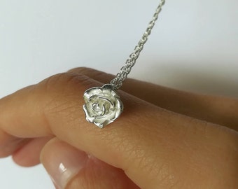 Sterling silver rose necklace - Small rose necklace - Mini rose pendant - Flower necklace