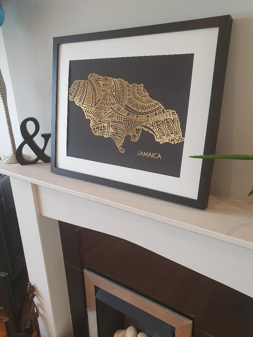 A3 Jamaica Map Foil Art/Design Géométrique de Carte Jamaïcain Contemporain Art Afrocentrique Noir Ca