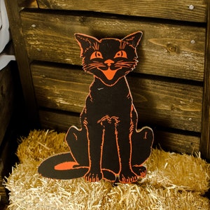 Retro Halloween Black and Orange Standing Cat Wood Cutout