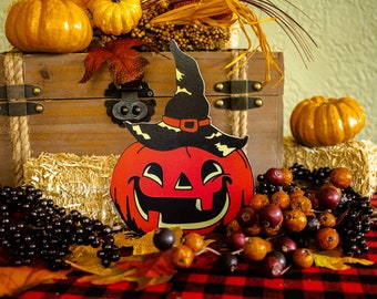 Retro Jack O Lantern Pumpkin with Witch Hat Wood Cutout