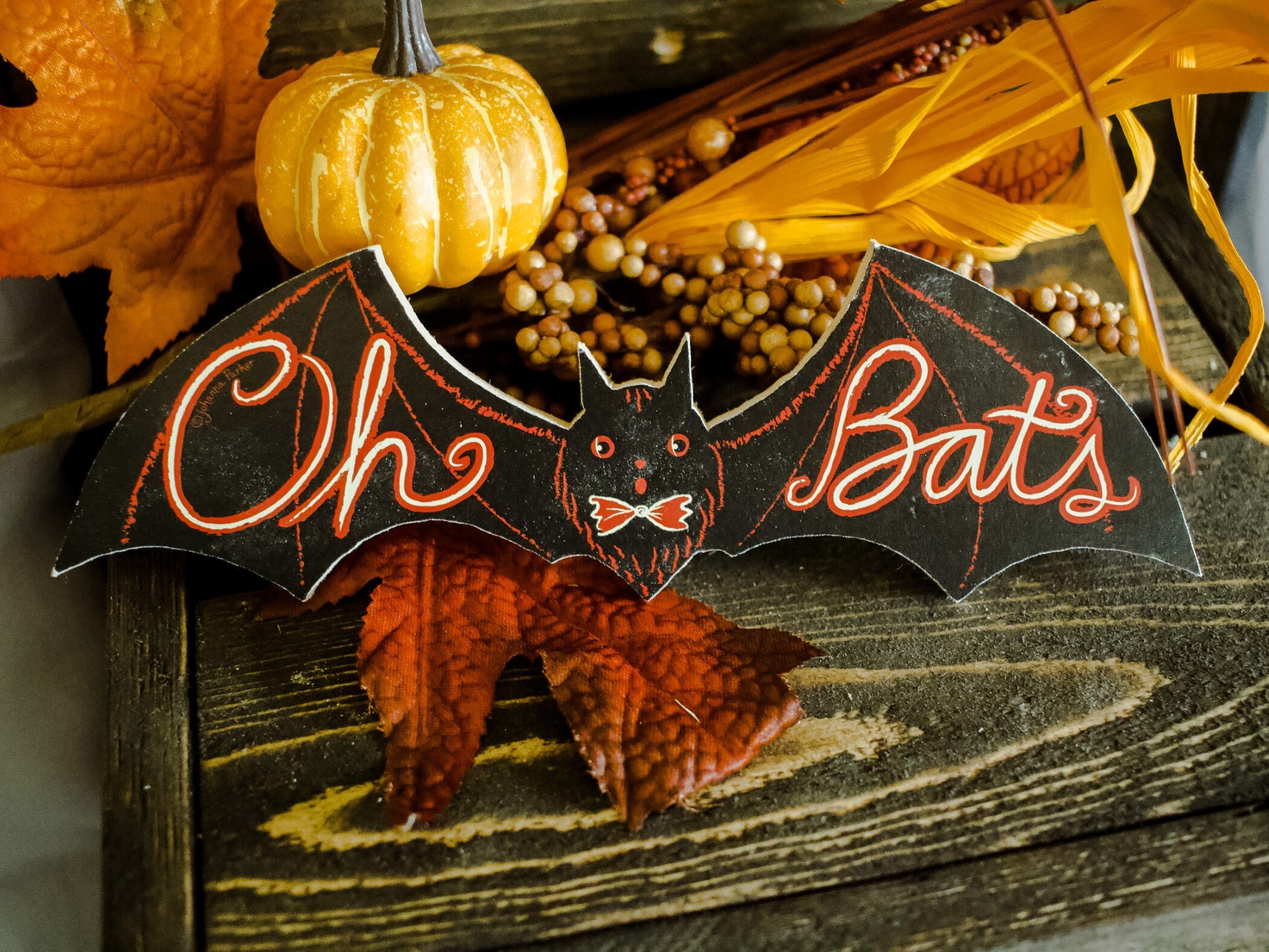Johanna Parker Retro "Oh Bats" Wood Bat Cutout Style Hallow…