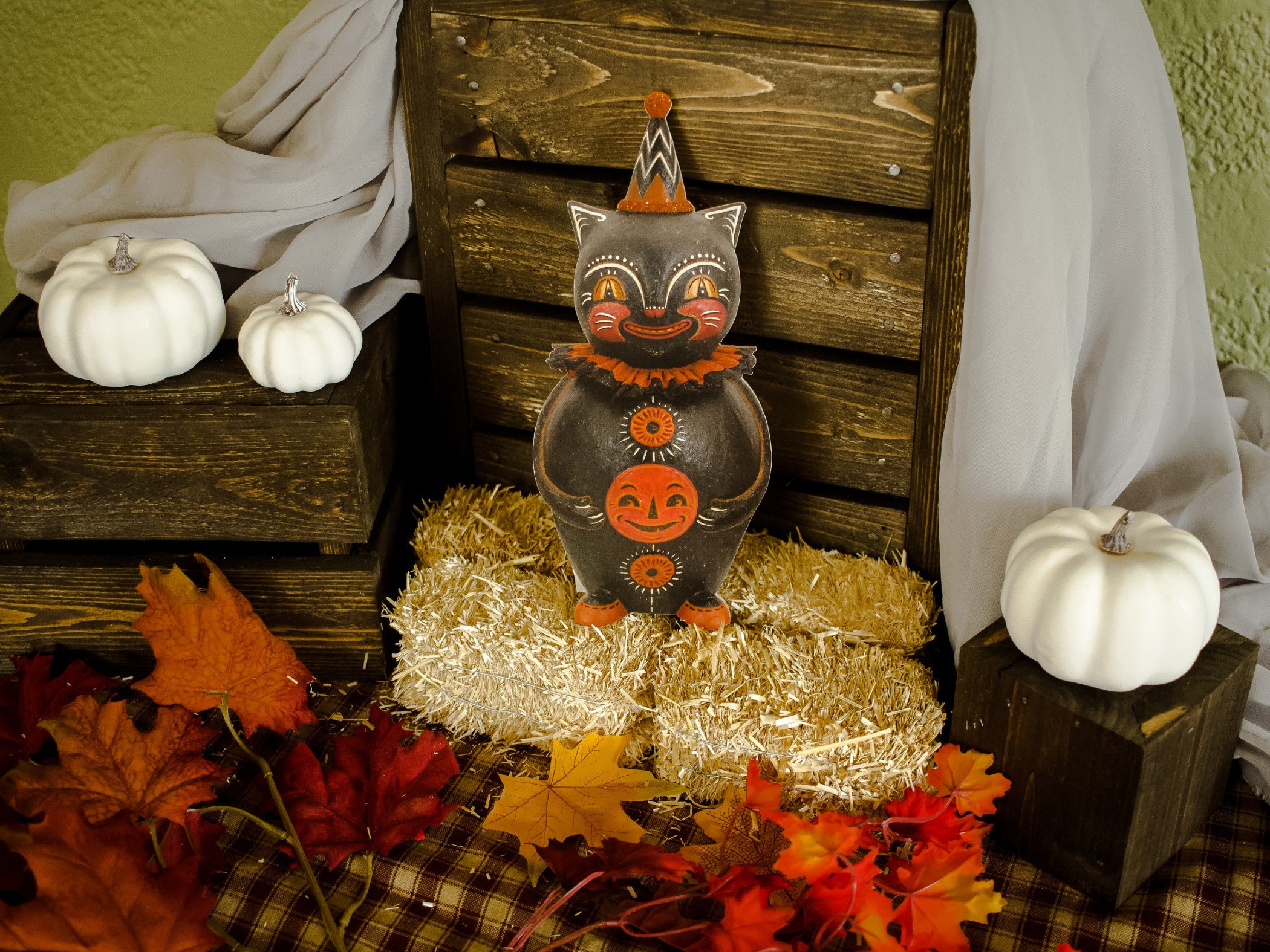 Johanna Parker "Happy Halloween" Cat with Jack O Lantern Wo…