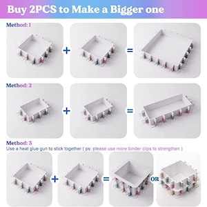 Puede incluir: Diagrama que muestra tres métodos para combinar dos recipientes cuadrados blancos para crear uno más grande. Los métodos utilizan clips y una pistola de pegamento caliente. El texto dice "Buy 2PCS to Make a Bigger one."