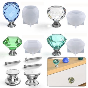 May include: Set of six diamond-shaped crystal cabinet knobs in blue, green, and clear. Each knob comes with a matching silver base and mounting screws. Also included are two silver base plates for mounting the knobs.