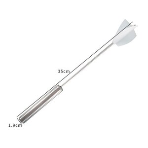 May include: A silver metal whisk with a white plastic handle. The whisk is 35 inches long and 1.9 inches wide.
