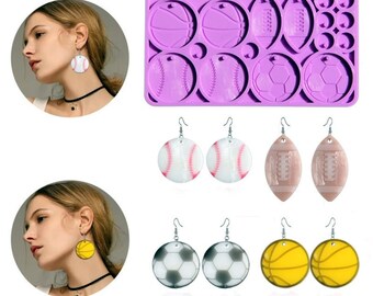May include: A set of silicone molds for making earrings in the shape of sports balls. The molds are purple and feature a variety of sports balls, including baseballs, basketballs, footballs, and soccer balls.