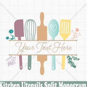 Kitchen Utensils Split Frame Monogram Design File - Svg Dxf Eps Png Jpg - Printable Sublimation cut files Apron Shirt craft gift Mom Grandma