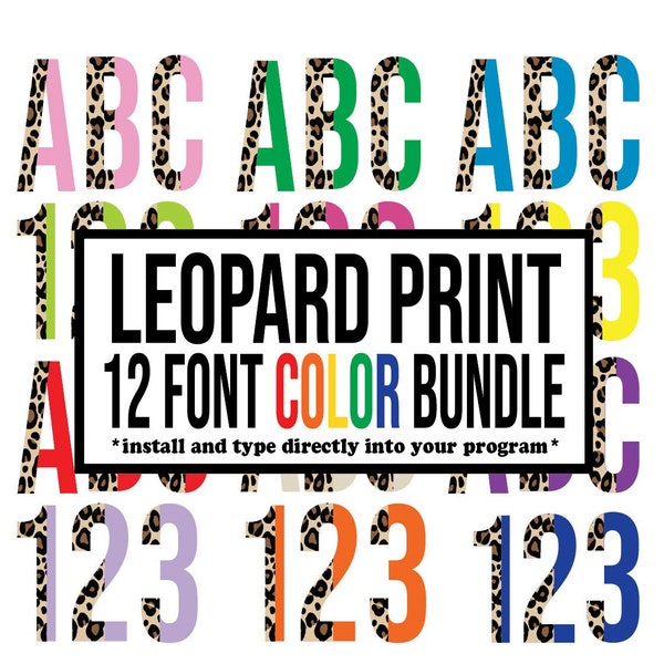 12 Half Leopard FONT Bundle ABC Installable OTF files Png file Rainbow Color Easy Install Twelve Full Alphabets numbers 0-9 Selected symbols