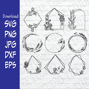 May include: Set of nine black and white floral frame illustrations. The frames are in various shapes, including circles, squares, and rectangles. Each frame is adorned with simple floral designs.