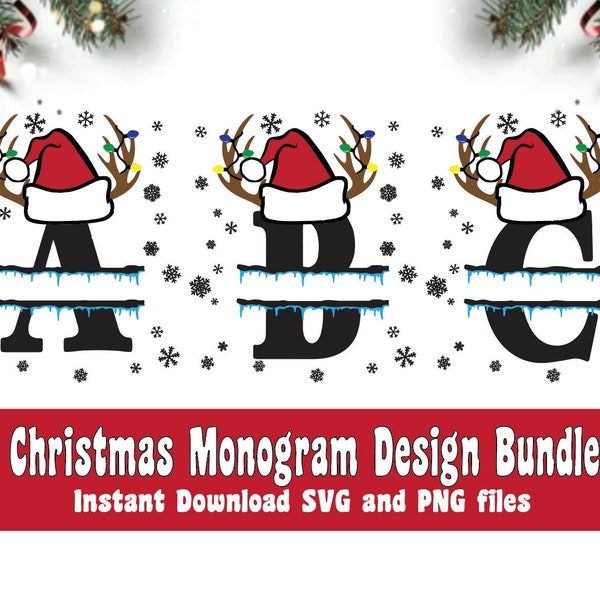 Christmas Letters SVG PNG file Bundle - Santa Reindeer Lights Split Alphabet Monogram Family Print layered cut file Cricut Bundle ABC craft