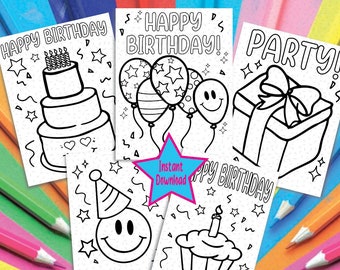 Puede incluir: Cuatro páginas para colorear imprimibles en blanco y negro con temas de cumpleaños. Las páginas incluyen un pastel, globos, un regalo y un cupcake.