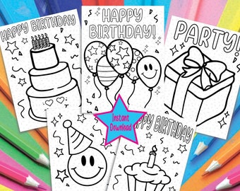 Instant Download Birthday Coloring Pages for Kids Personalized Kids Birthday Party Activity, Set of 5 Birthday Party Coloring Sheets Cute