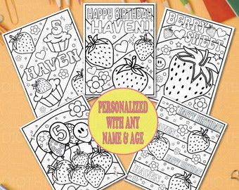 Customizable Strawberry Themed Birthday Coloring Pages for Kids Personalized Berry Party Activity Set of 5 Heart Flowers Party Sheets Custom