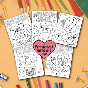 Customizable Birthday Coloring Pages for Kids Personalized Ice Cream Theme Kids Birthday Activity, Set of 5 Birthday Coloring Sheets Custom