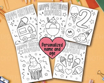 Páginas para colorear de helados de cumpleaños personalizadas: Actividad para fiestas infantiles (Descarga digital)
