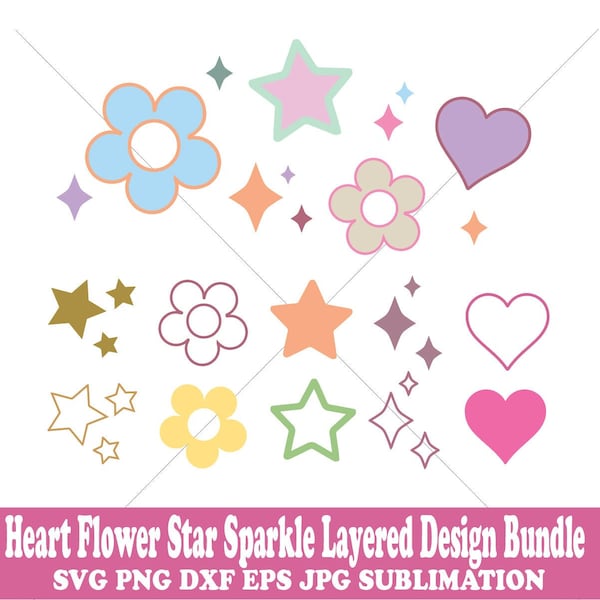 Cute Retro Sparkle Bundle Layered Design file - Hearts Stars Flowers Accent Cluster - Color png jpeg svg dxf - print cut sublimation project