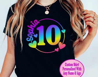 Personalized Birthday Neon Rainbow Girl Shirt Custom Kids Name With Age Birthday Shirt Birthday Gift Customized 10th Birthday Shirt Tenth