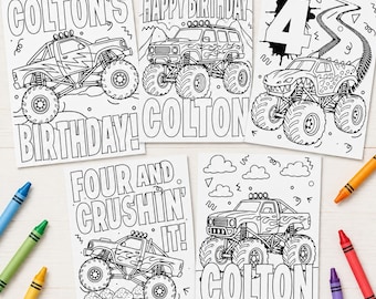 Personalized Monster Truck Birthday Coloring Pages Custom Name Age Printable Kids Party Activity