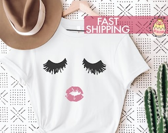 Eyelashes and Lips Shirt Etsy Best Seller Womens Shirt Makeup Trendy Face Shirt Make Up Lipstick Lip Gloss Tshirt Tee Girls Gift Girly