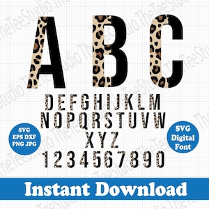 Pacote de alfabeto e números de animais com estampa de leopardo - Arquivos SVG em camadas - Arquivos png para impressão por sublimação - dxf eps jpg - Craft School ABC