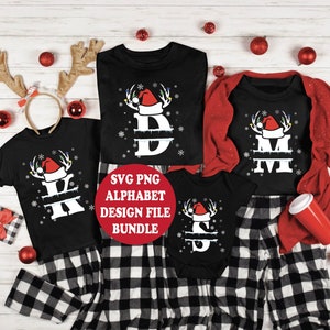 Pacote de arquivo SVG PNG Dxf - Luzes de rena de Papai Noel de Natal, alfabeto dividido, monograma, família, impressão, arquivo de corte em camadas, pacote Cricut, artesanato divertido ABC