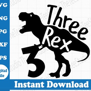 Drei Rex Dino 3 Geburtstag Design Datei - SVG Digital Download druckbare PNG - Party Dekor Thema Dinosaurier - HTV Vinyl Aufkleber metallic Cricut