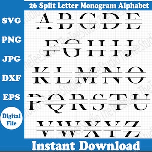 Diseño de alfabeto de monograma de 26 letras divididas: archivos para cortar: marcos SVG, marcos DXF, marcos PNG, etiquetas svg, etiquetas svg vectoriales, glow forge Craft
