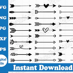 May include: A set of 20 black and white arrow graphics with various designs, including hearts, feathers, and geometric shapes. The graphics are arranged in rows and labeled with file types: SVG, PNG, JPG, DXF, and EPS. The text "Instant Download" is at the bottom of the image.