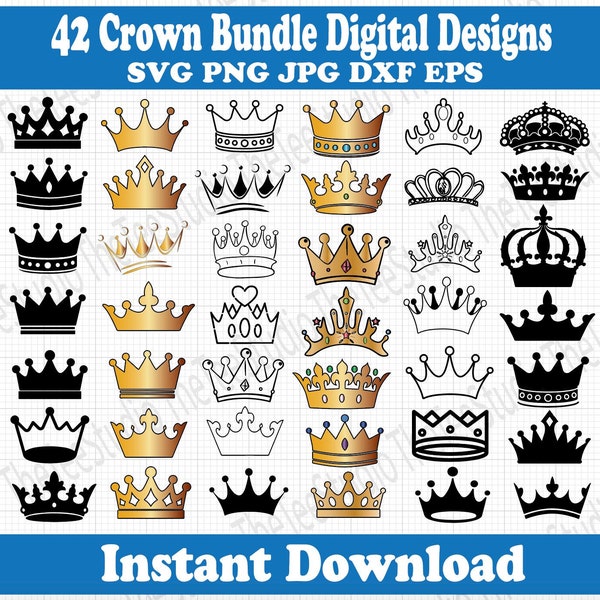 42 Crown Design Svg Bundle - Cut File Druckbare PNG - Craft Art Klassenzimmer - Clip Art - Cricut Geburtstag Queen King Prince Princess Royal Cute