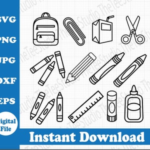 Könnte beinhalten: Schwarz-weiße Strichzeichnungen von Schulmaterialien, darunter ein Rucksack, eine Schere, Buntstifte, ein Bleistift, ein Lineal, Kleber und ein Klebestift.