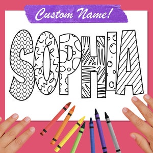 May include: A printable colouring page featuring the name "Sophia" in large, stylised letters with different patterns. The letters are outlined in black and ready to be coloured in. The page is surrounded by a pink background and includes a set of crayons.
