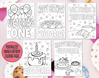 Customizable Breakfast Brunch Birthday Coloring Pages for Kids Adults Personalized Party Activity, Set of 5 Birthday Party Coloring Sheets