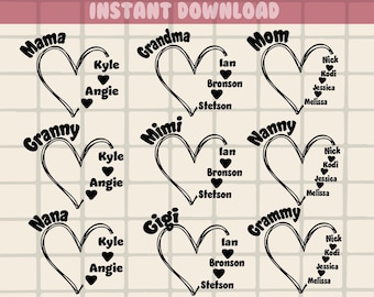 Custom Heart Names SVG Bundle, Mother's Day Gift (Digital Download)