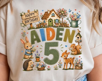 Animal Cottage Birthday Shirt, Personalized Name and Age Tee, Woodland Bunny Deer Birthday Outfit, Kids Cottagecore Party Shirt